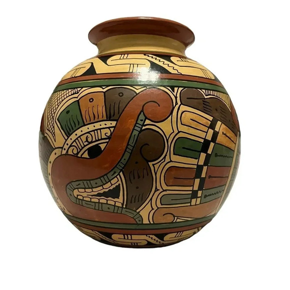 South American Handpainted Pottery Tilted Vase Planter Round Bottom - Picture 1 of 11